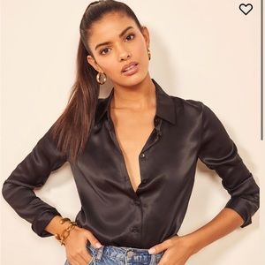 Reformation Sky Silk Top | Black Button Up | Size XS